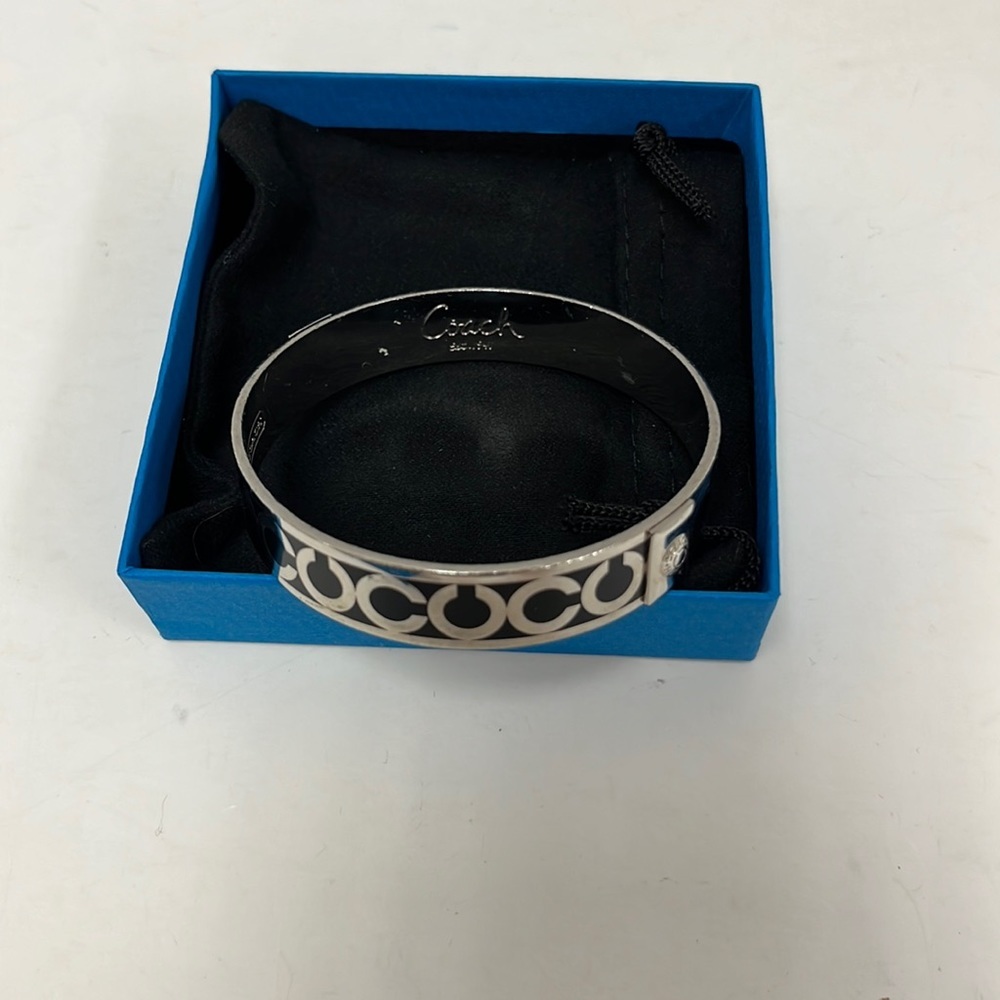 Coach Silver Logo Bangle Bracelet Black Enamel Hinged Cuff with Crystal Accent